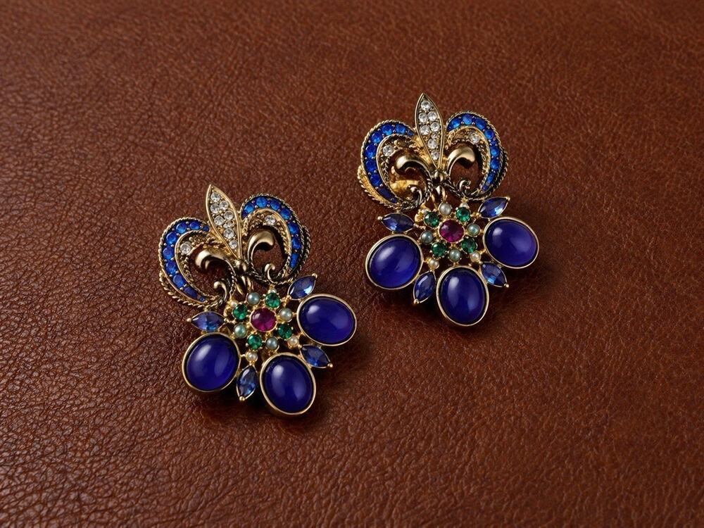 Fleur De Lis Earrings Museum Antique Gold Flower CZ VTG Antique Deco Art Court